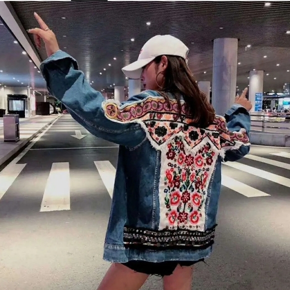 Oversized Embroidered,  Tribal Print, Jean Jacket - Picture 3 of 16